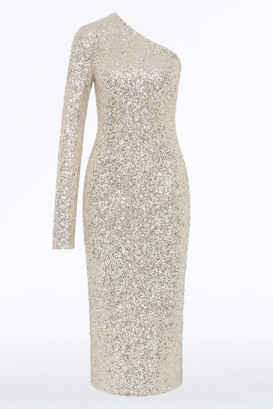 Carla Zampatti Ivory Crushed Sequins Fitted Dress - 4 - Silver